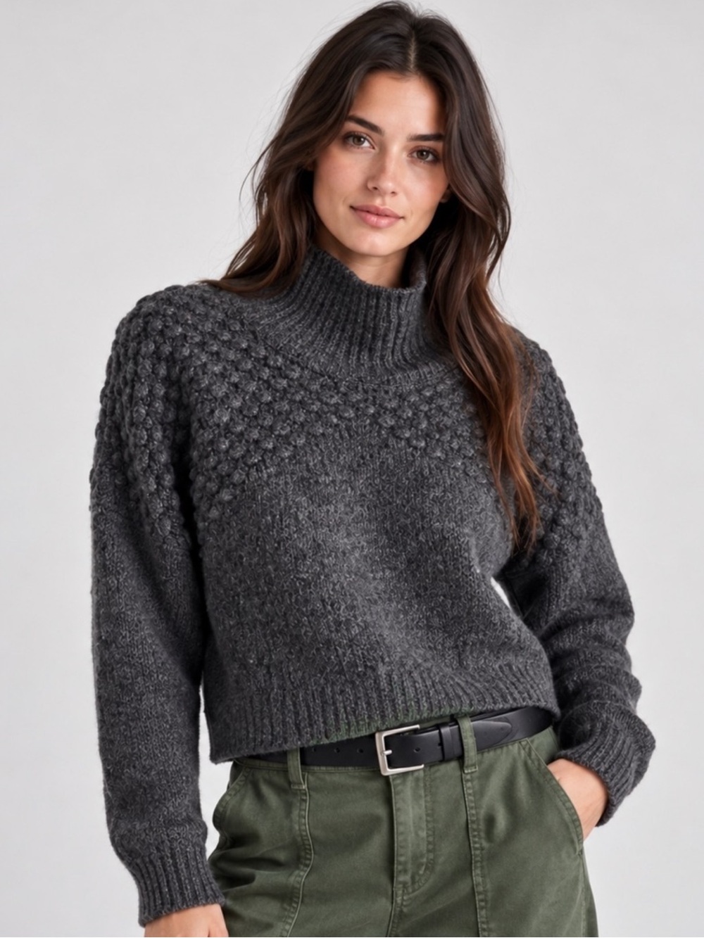 Mock Neck Chunky Knit Sweater - Dark Gray